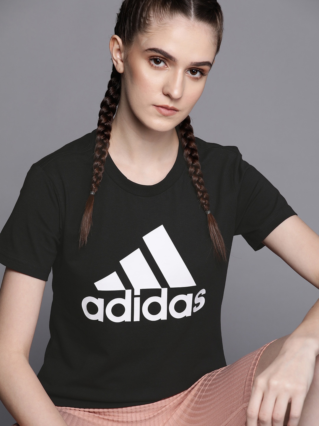 

ADIDAS Women Black & White Brand Logo Printed T-shirt