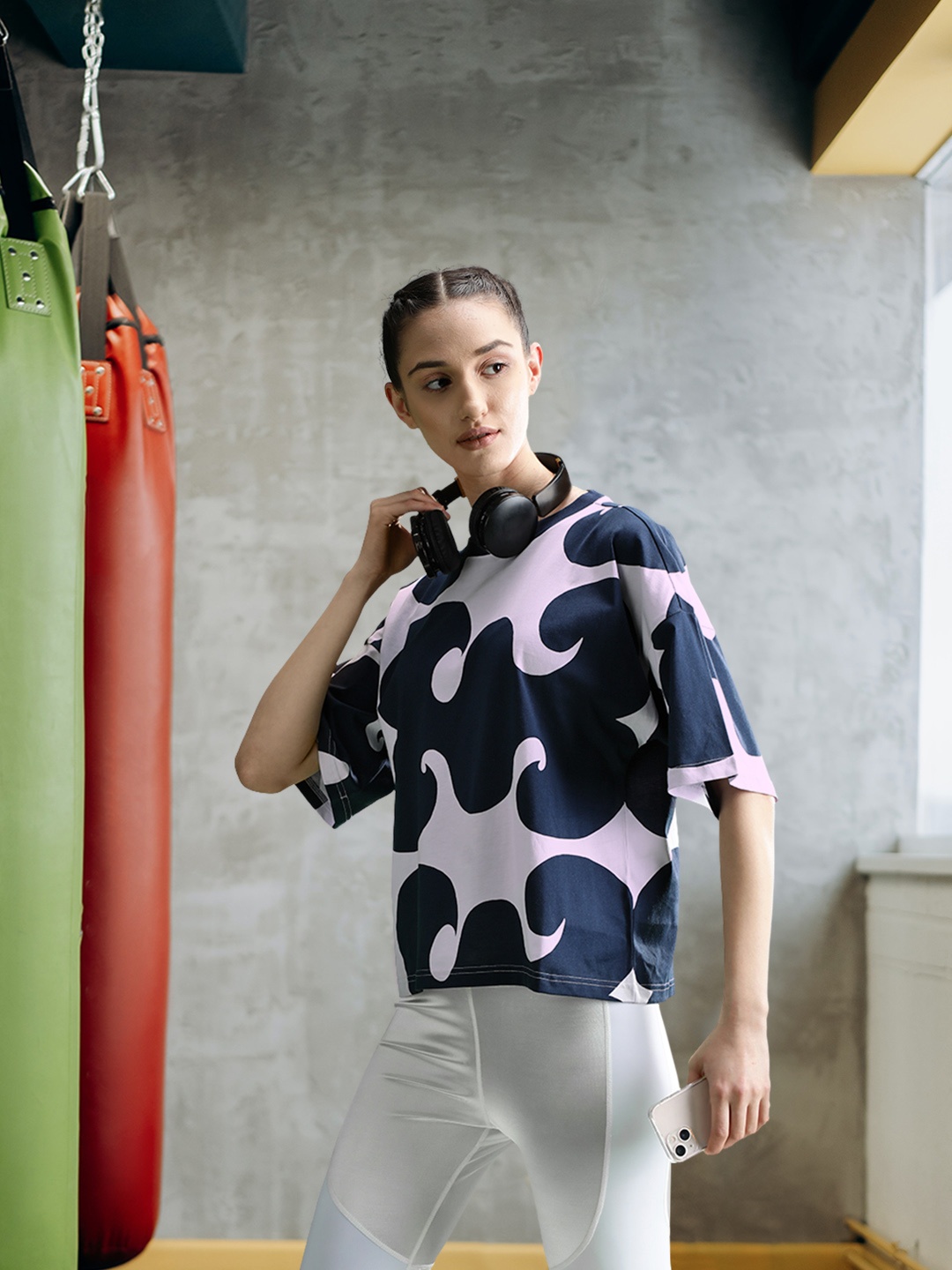 

ADIDAS Women Lavender & Navy Blue Marimekko Pure Cotton T-shirt