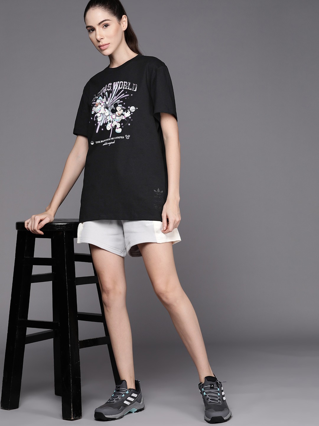 

ADIDAS Originals Women Black & Purple Pure Cotton Disney Graphic Printed T-shirt