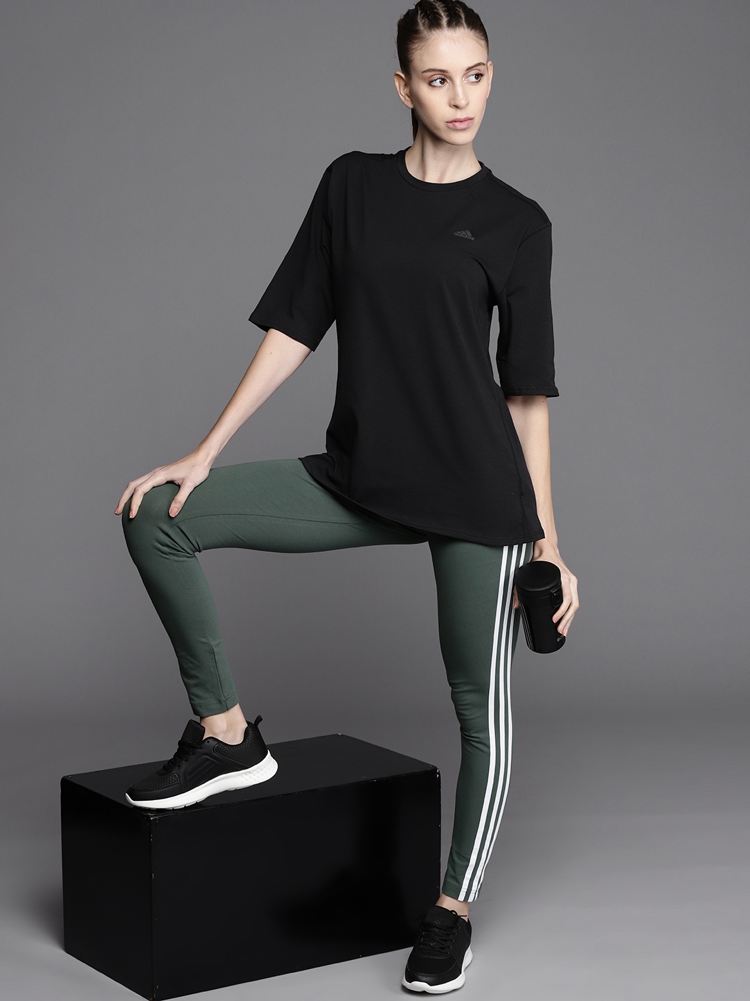 

ADIDAS Women Black Run Icons 3S MWN Logo Printed Drop-Shoulder Sleeves Running T-shirt