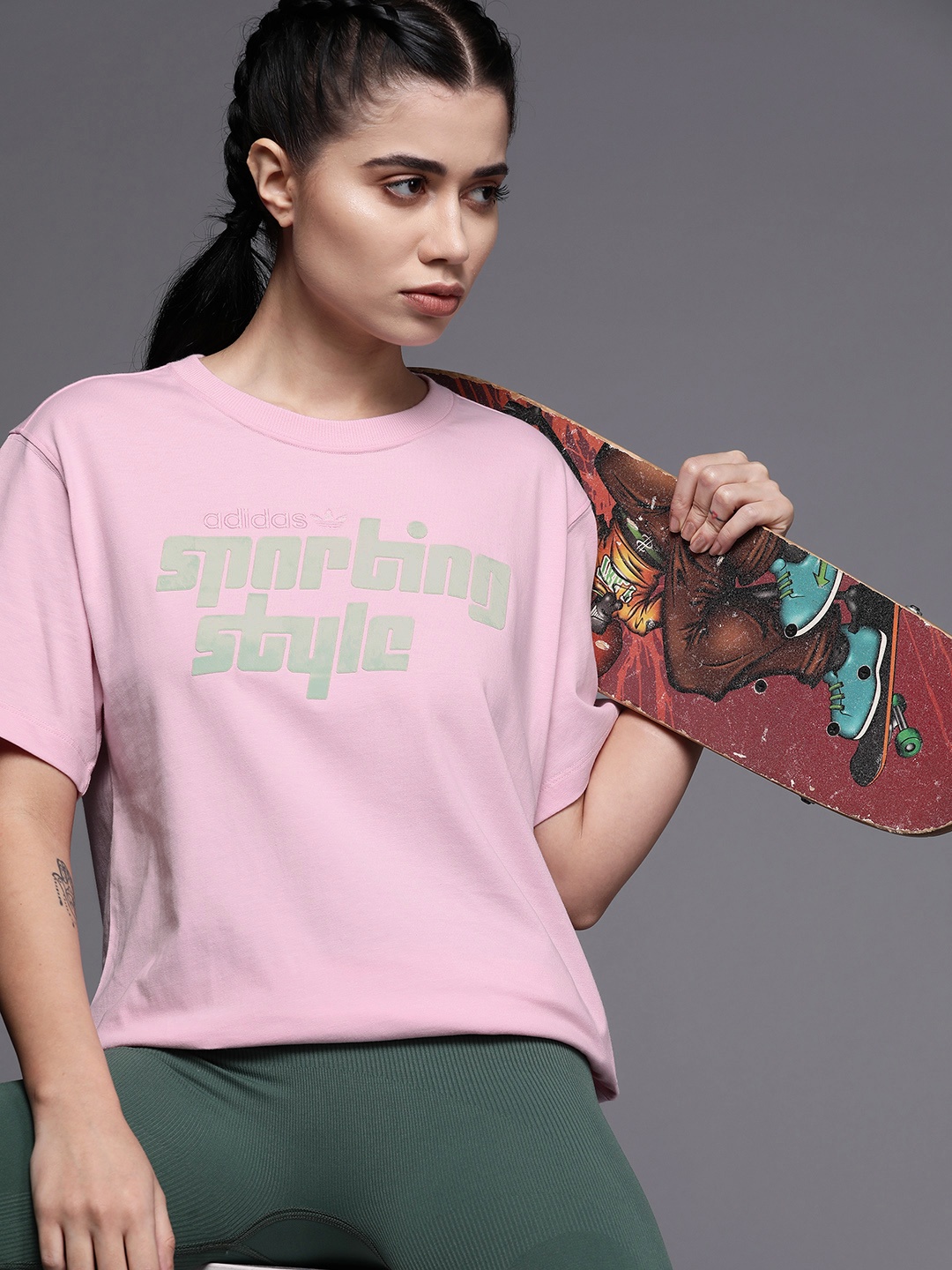 

ADIDAS Originals Women Pink Typography Printed Pure Cotton T-shirt