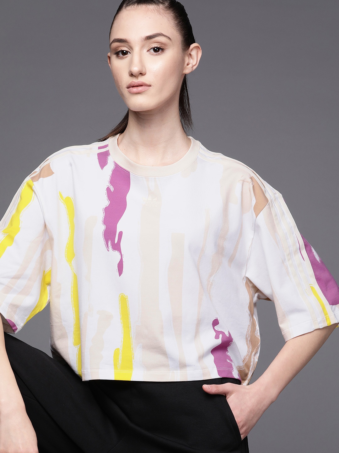 

ADIDAS Originals Women Off White & Purple Sustainable Thebe Magugu AOP Crop T-shit
