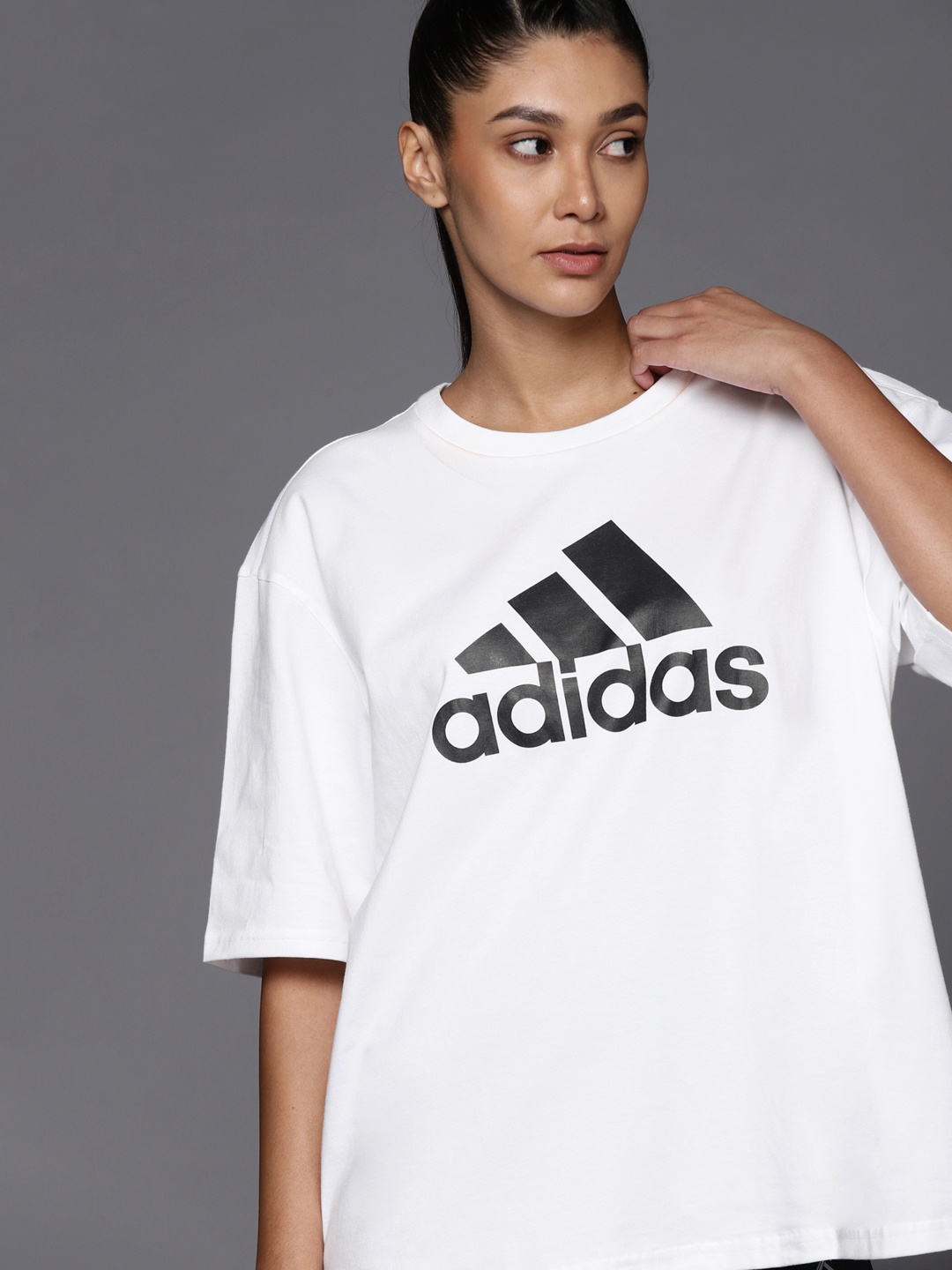 

ADIDAS Women White W FI BOS Brand Logo Printed Pure Cotton Oversized T-shirt