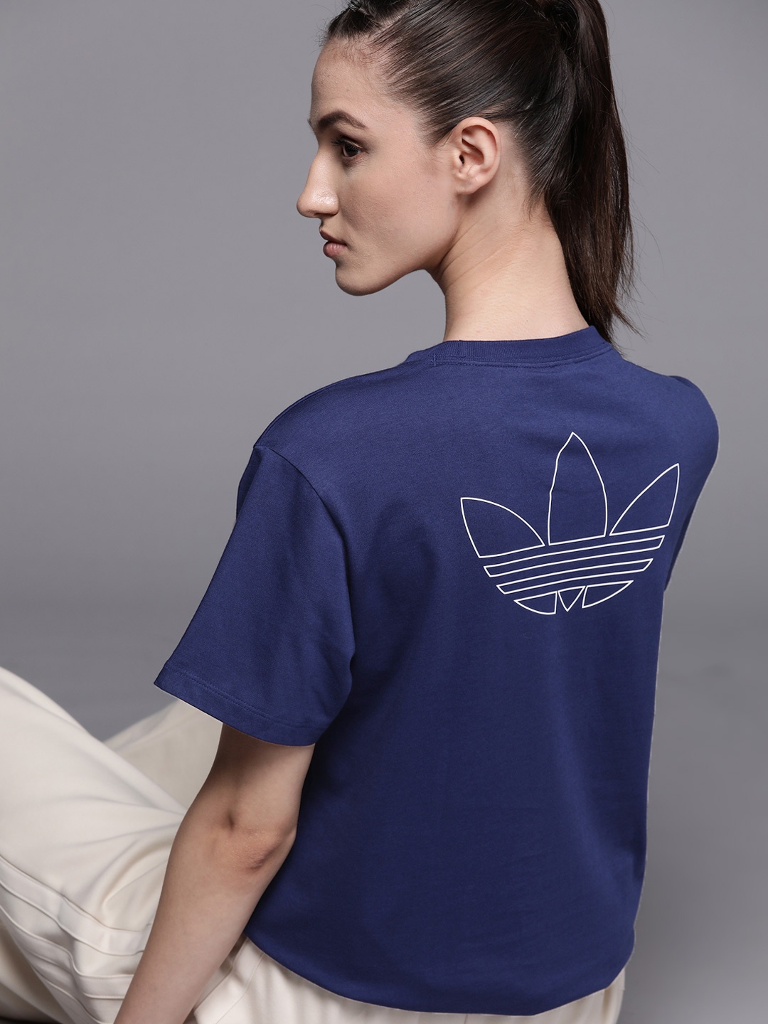 

ADIDAS Originals Women Navy Blue Sustainable Brand Logo Printed Pure Cotton T-shirt