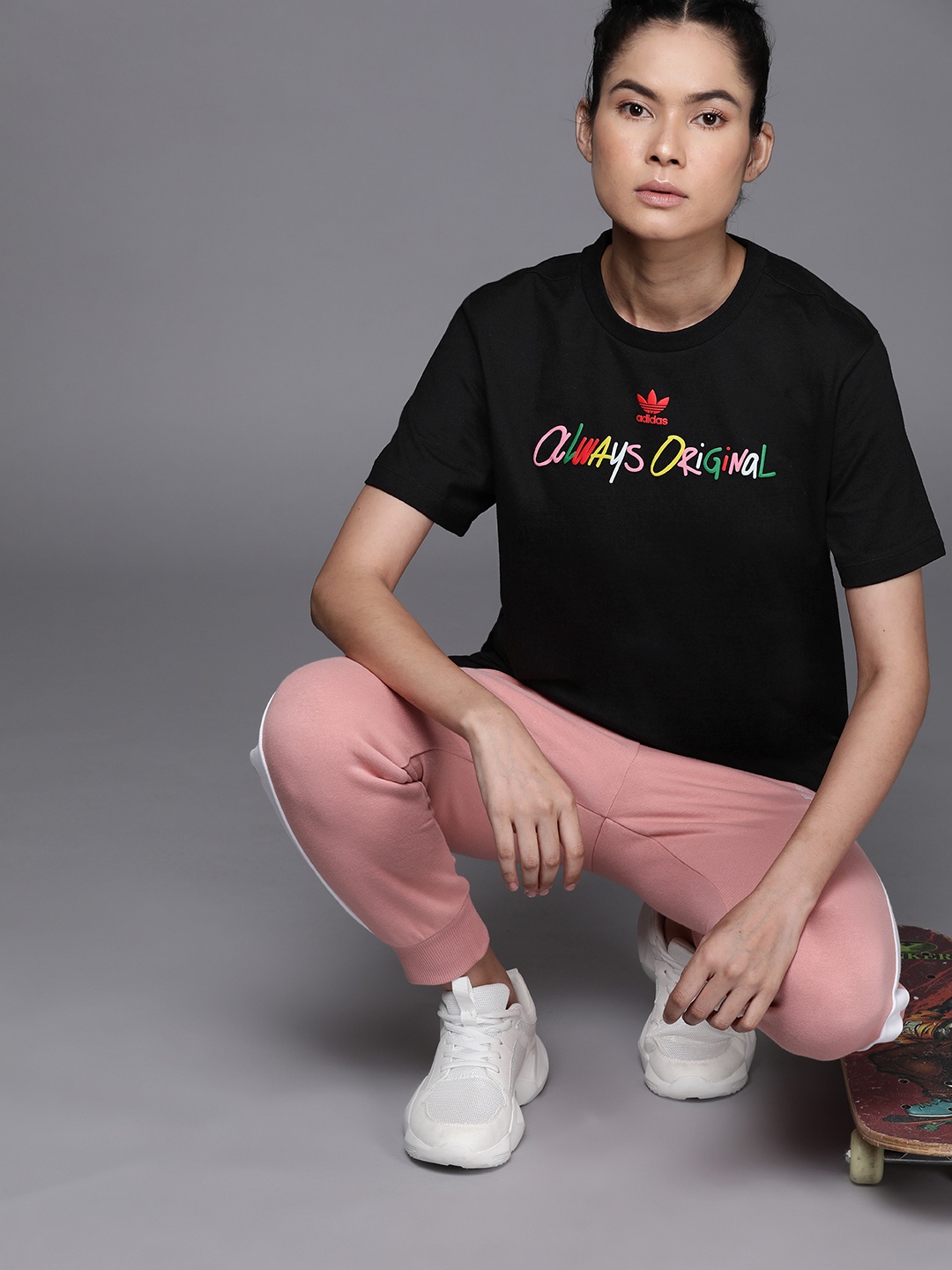 

ADIDAS Originals Women Black Brand Logo Printed Pure Cotton T-shirt