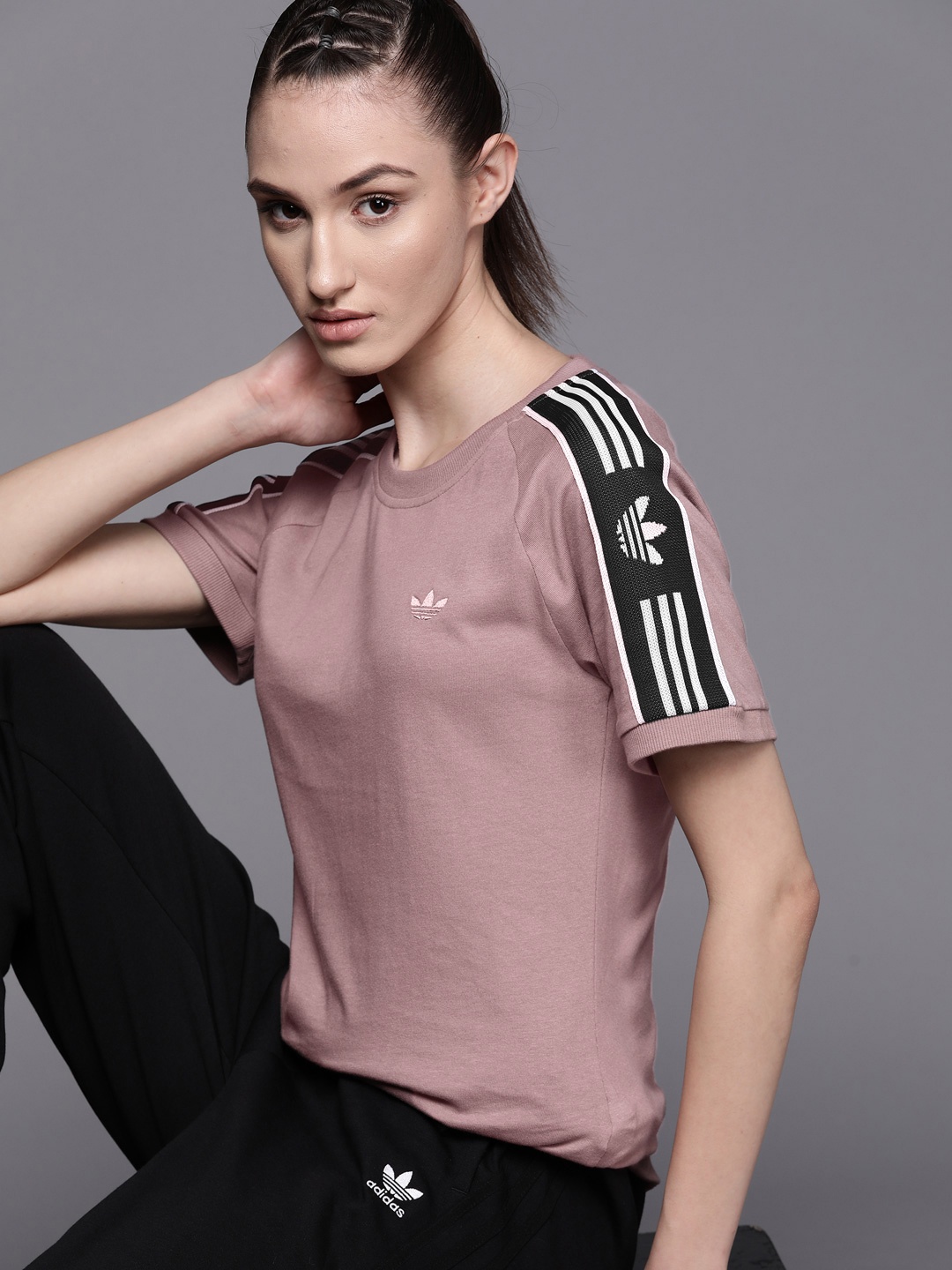 

ADIDAS Originals Women Mauve Sustainable Pure Cotton Tape Tee T-shirt, Rose
