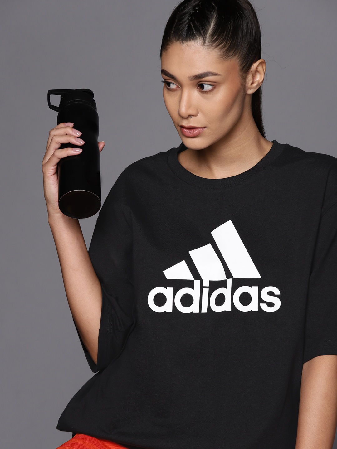 

ADIDAS Women Black W FI BOS Brand Logo Printed Pure Cotton Oversized T-shirt