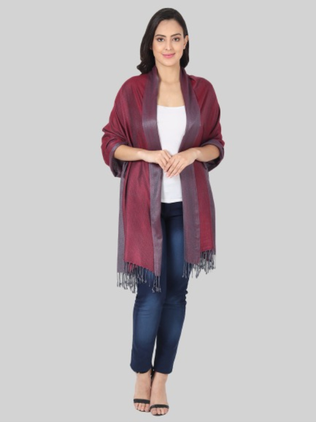 

MUFFLY Women Maroon & Grey Woven Design Stole