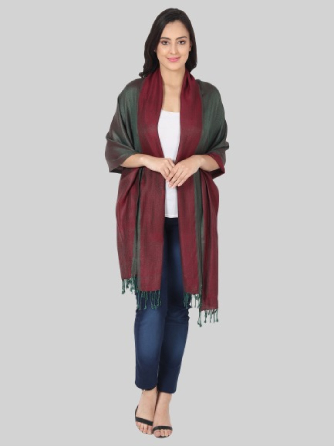 

MUFFLY Women Maroon & Green Woven Design Stole