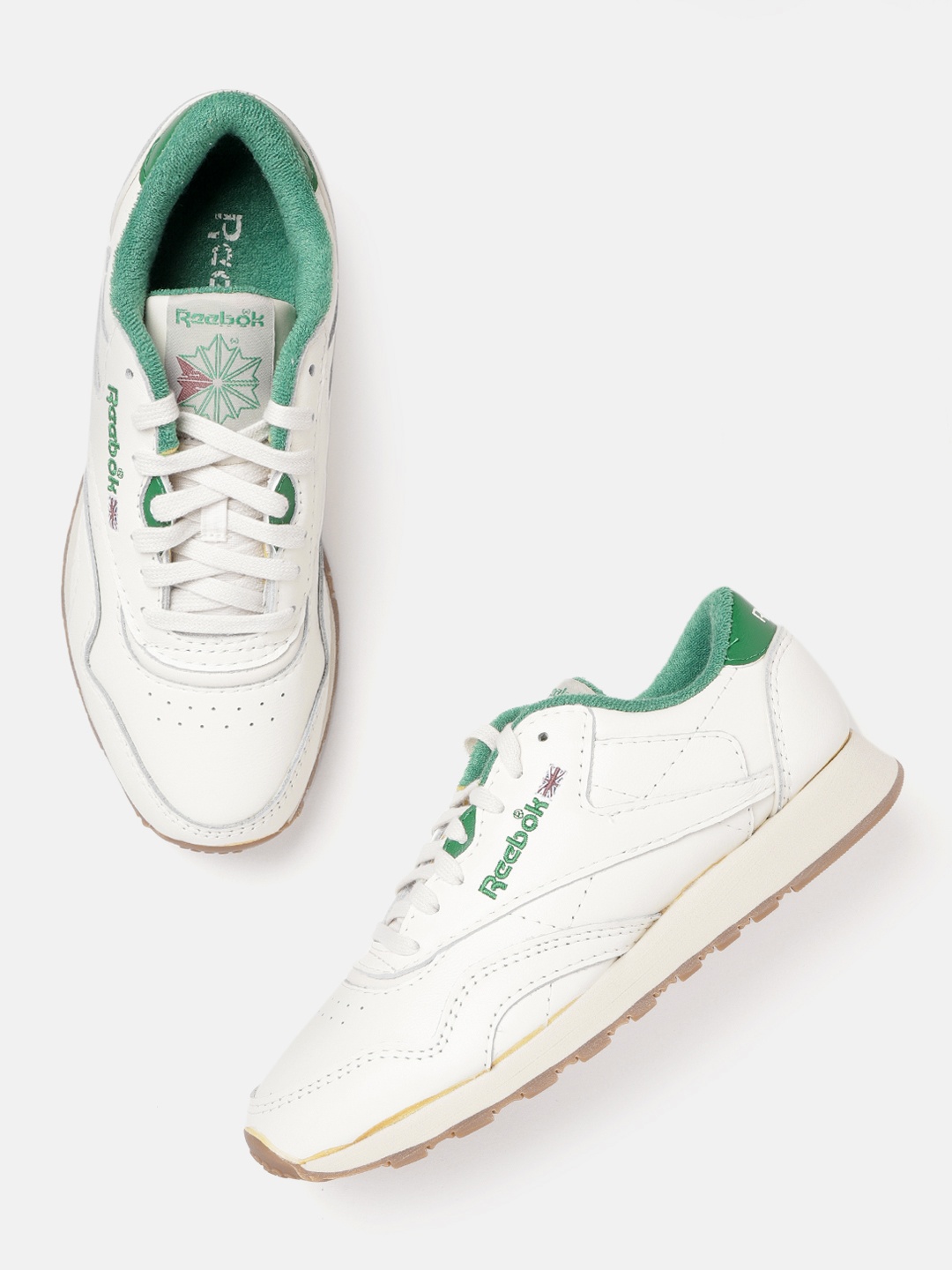 

Reebok Classic Unisex White & Green Perforated Classic Leather Plus Sneakers
