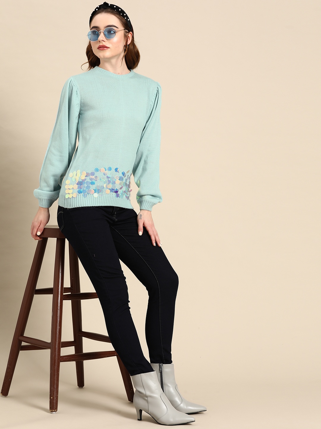 

Sangria Puff Sleeves Embellished Detail Acrylic Sweater, Blue