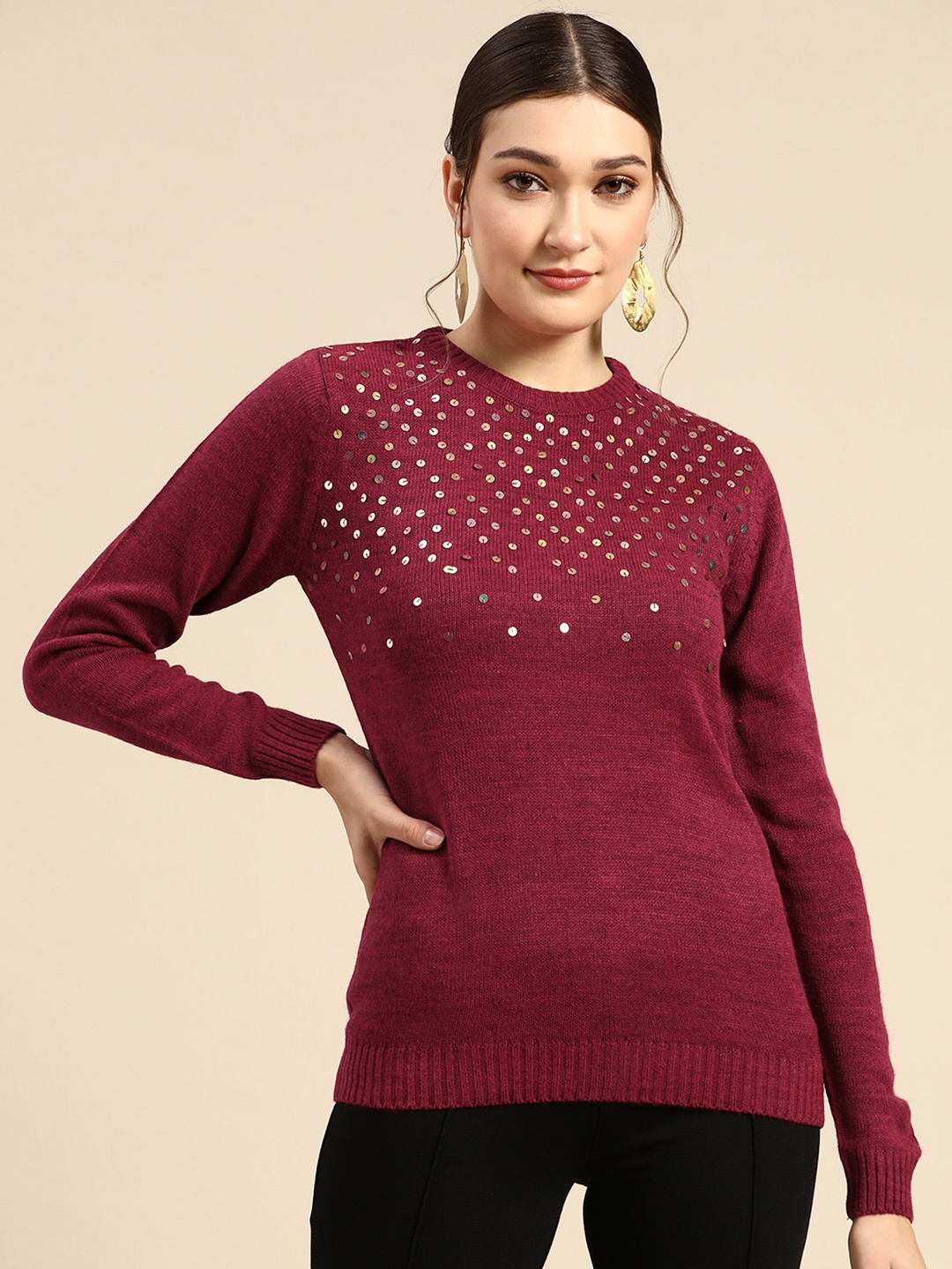 

Sangria Women Maroon Embellished Detail Acrylic Sweater
