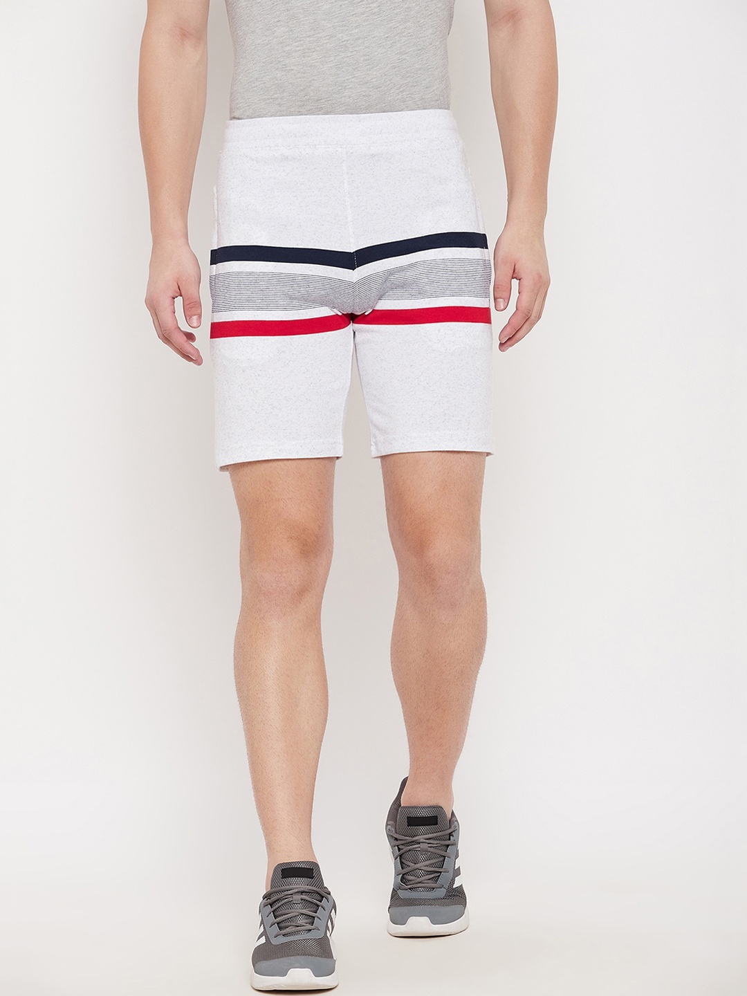 

Okane Men Off White Striped Shorts