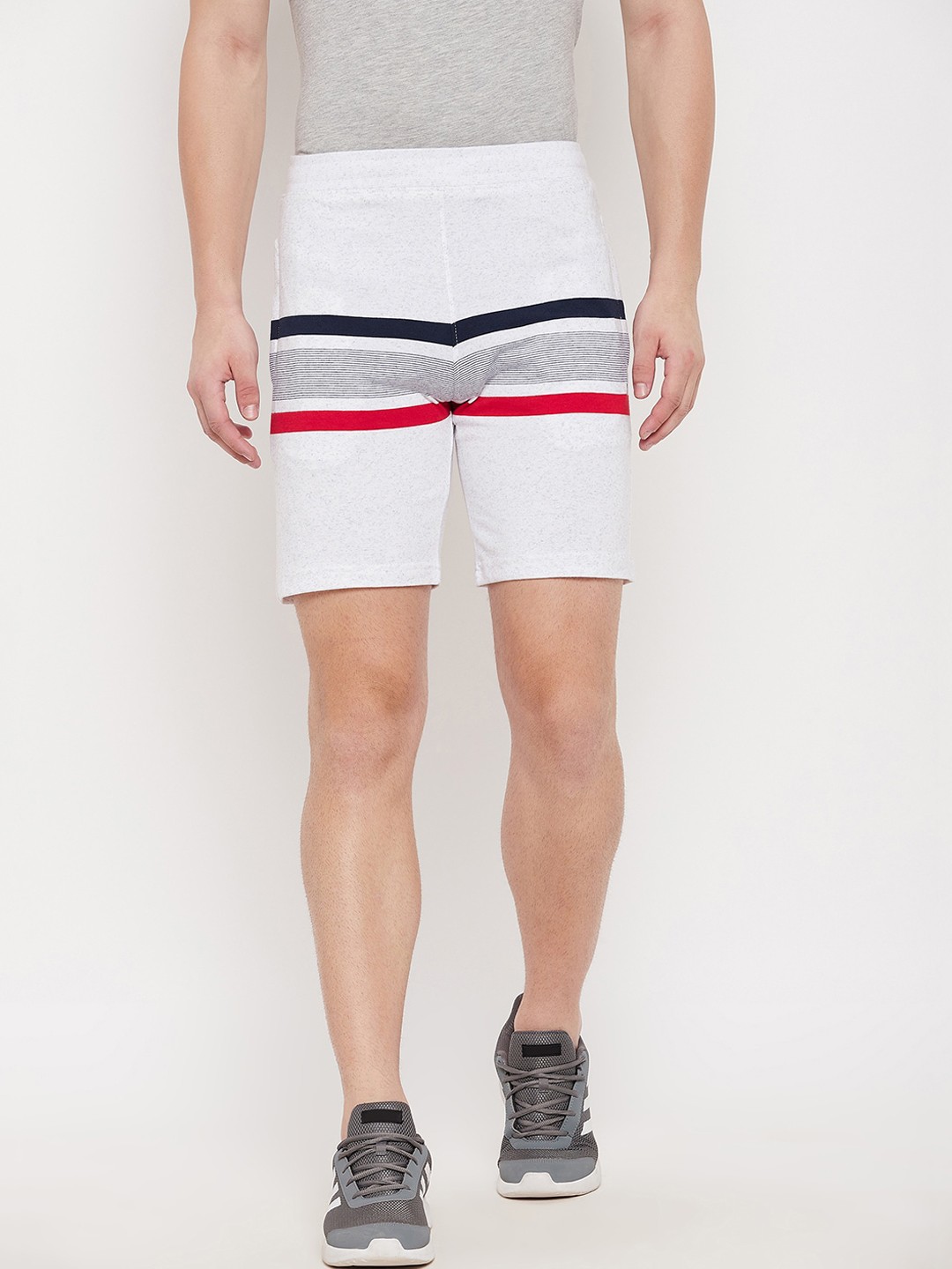 

Okane Men Off White Striped Shorts
