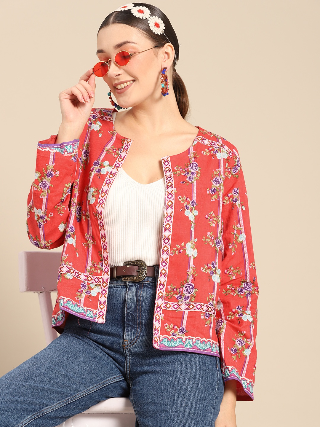 

Sangria Women Coral Red & Purple Floral Print Open Front Jacket