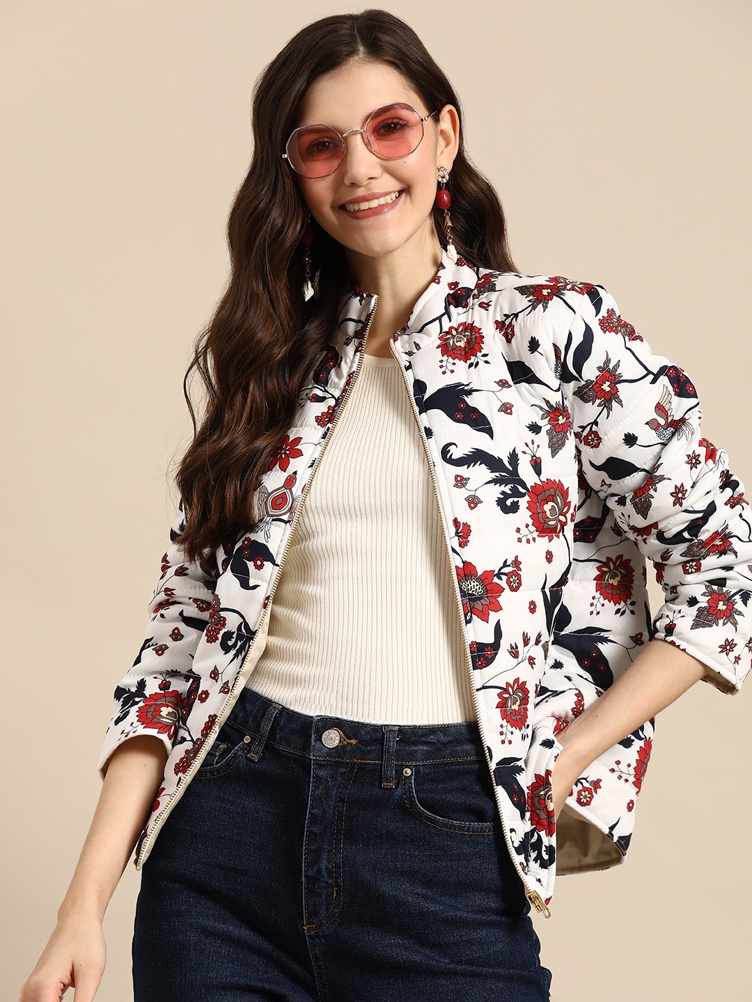 

Sangria Women White & Navy Blue Printed Padded Jacket