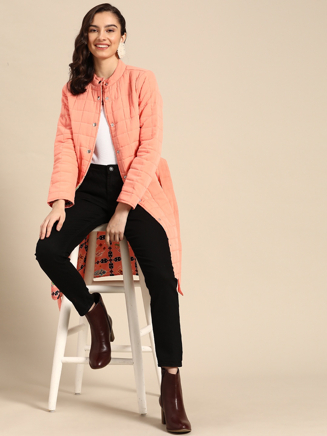 

Sangria Women Peach-Coloured Solid Pure Cotton Longline Padded Jacket