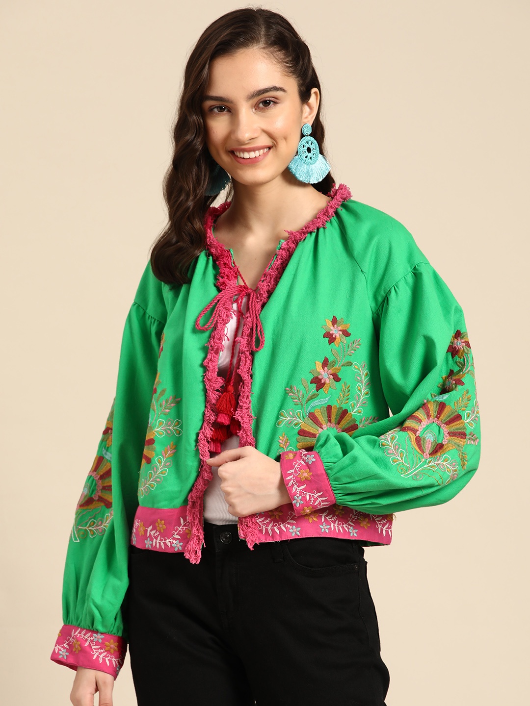 

Sangria Floral Embroidered Tie-Up Shrug, Green