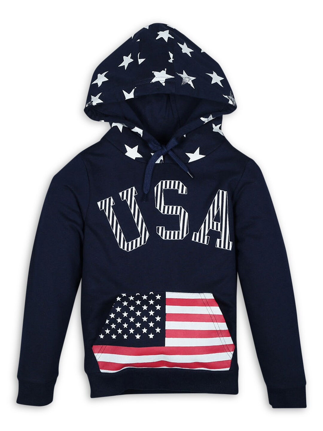 

Hopscotch Boys Blue Printed Hooded Sweatshirt