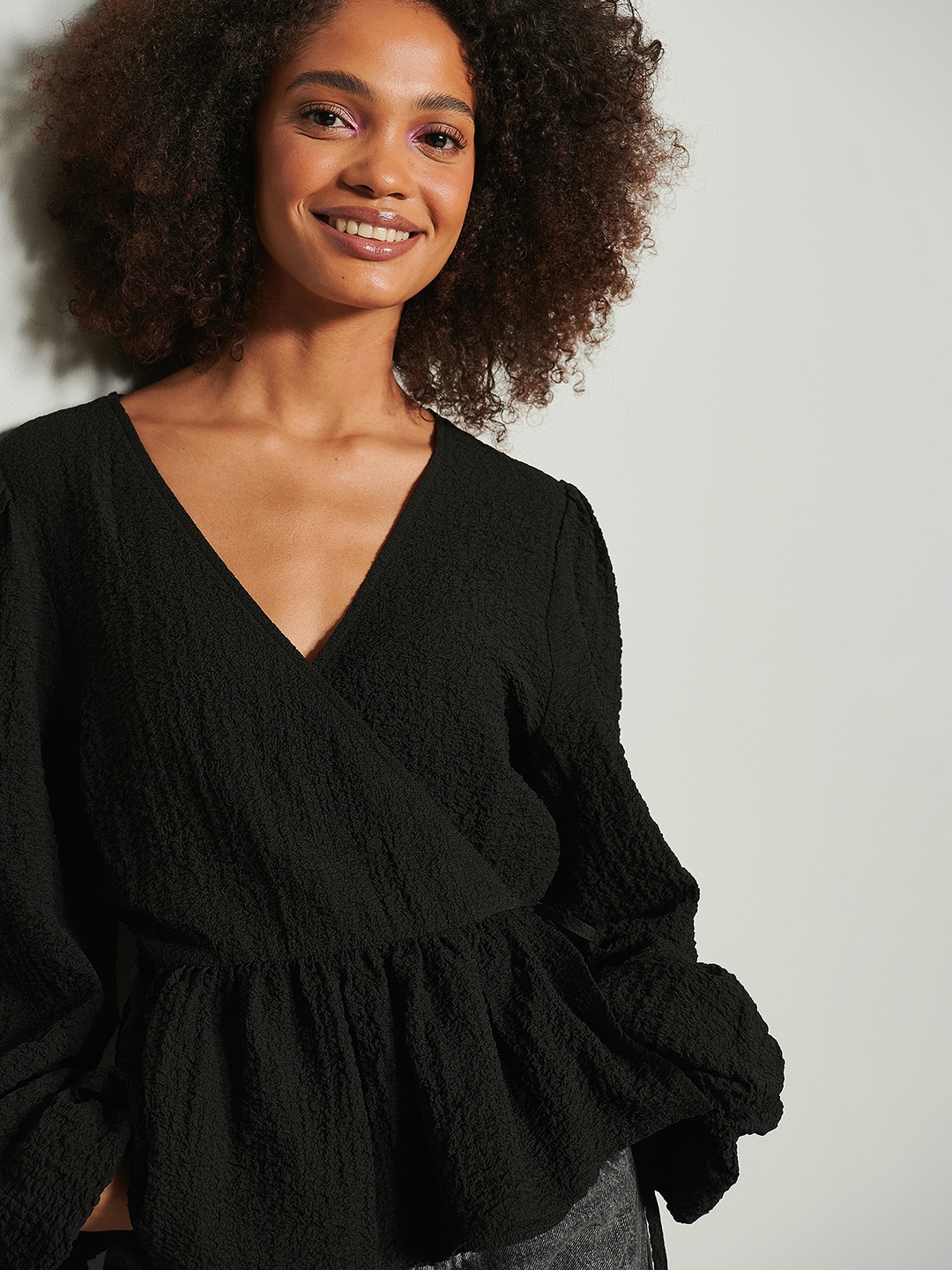 

NA-KD Women Black Self Design Wrap Top with Tie-Ups