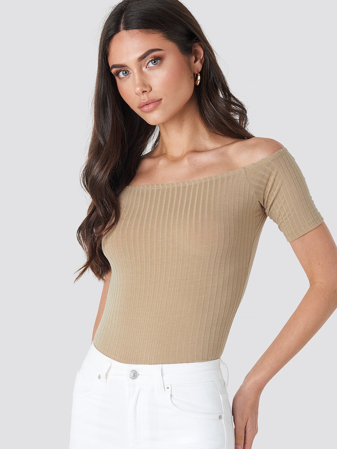 

NA-KD Beige Ribbed Off-Shoulder Bardot Top