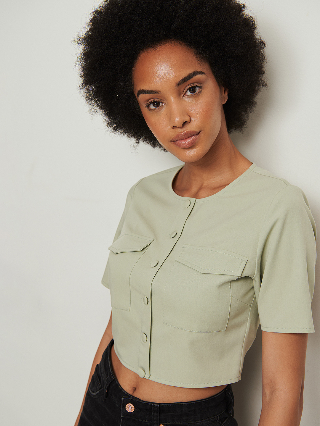 

NA-KD Women Mint Green Solid Top with Oversized Flap Pockets
