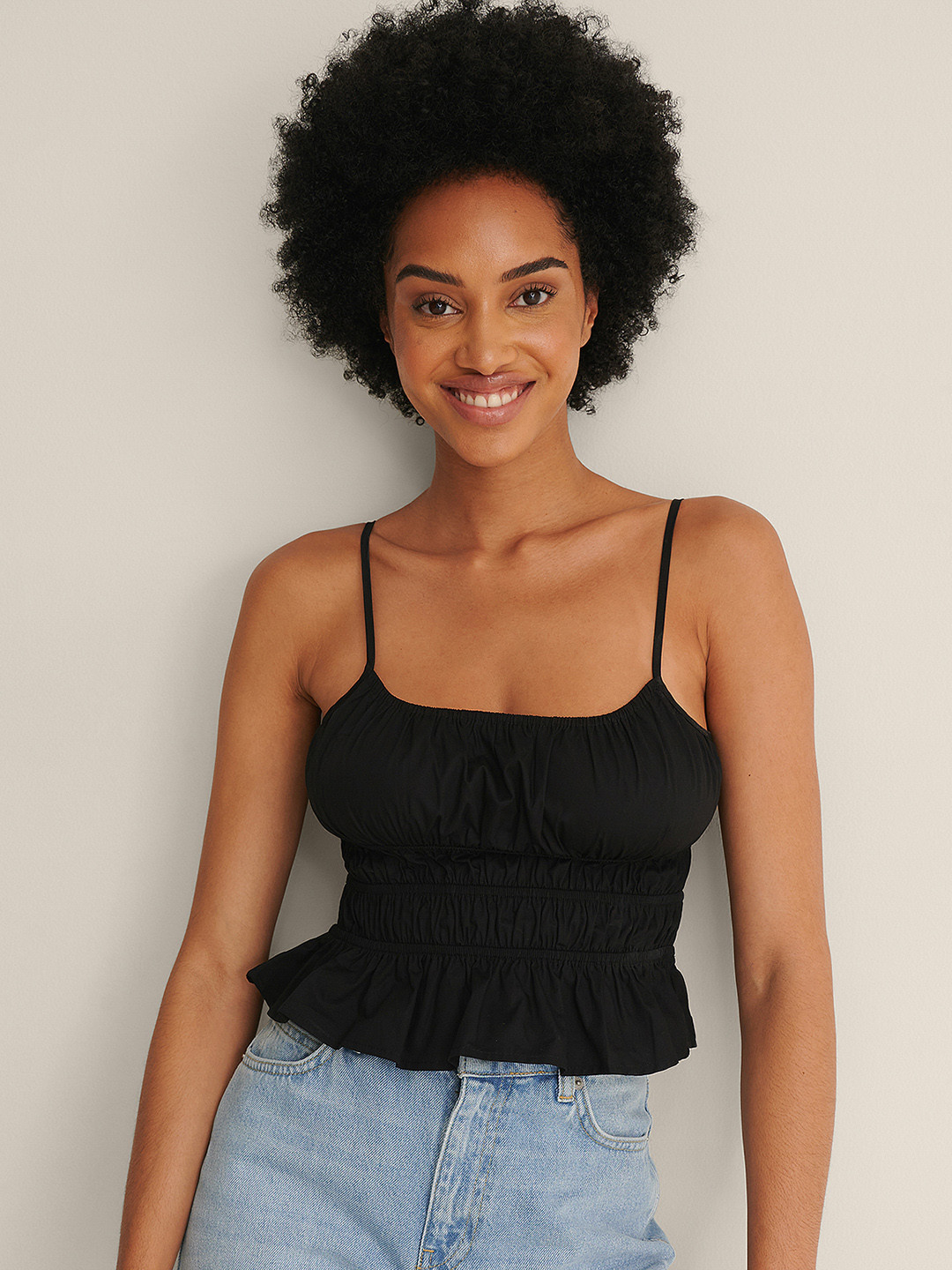 

NA-KD Women Black Solid Smocked Organic Cotton Peplum Top