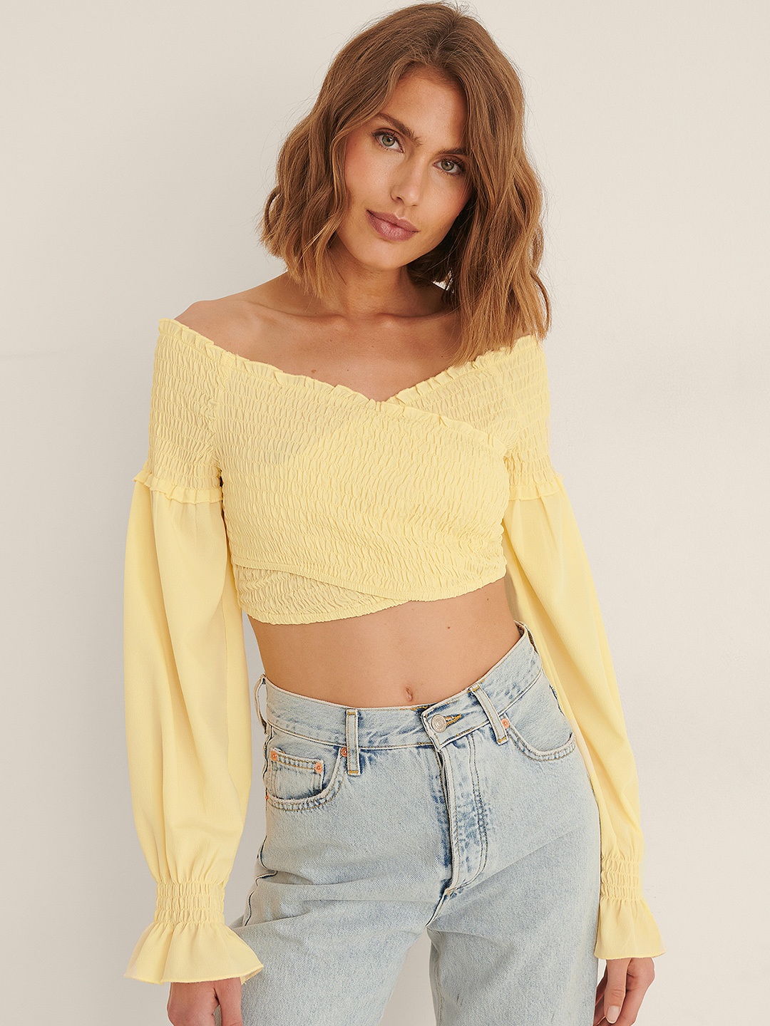 

NA-KD Women Yellow Smocked Off-Shoulder Layered Crop Bardot Top