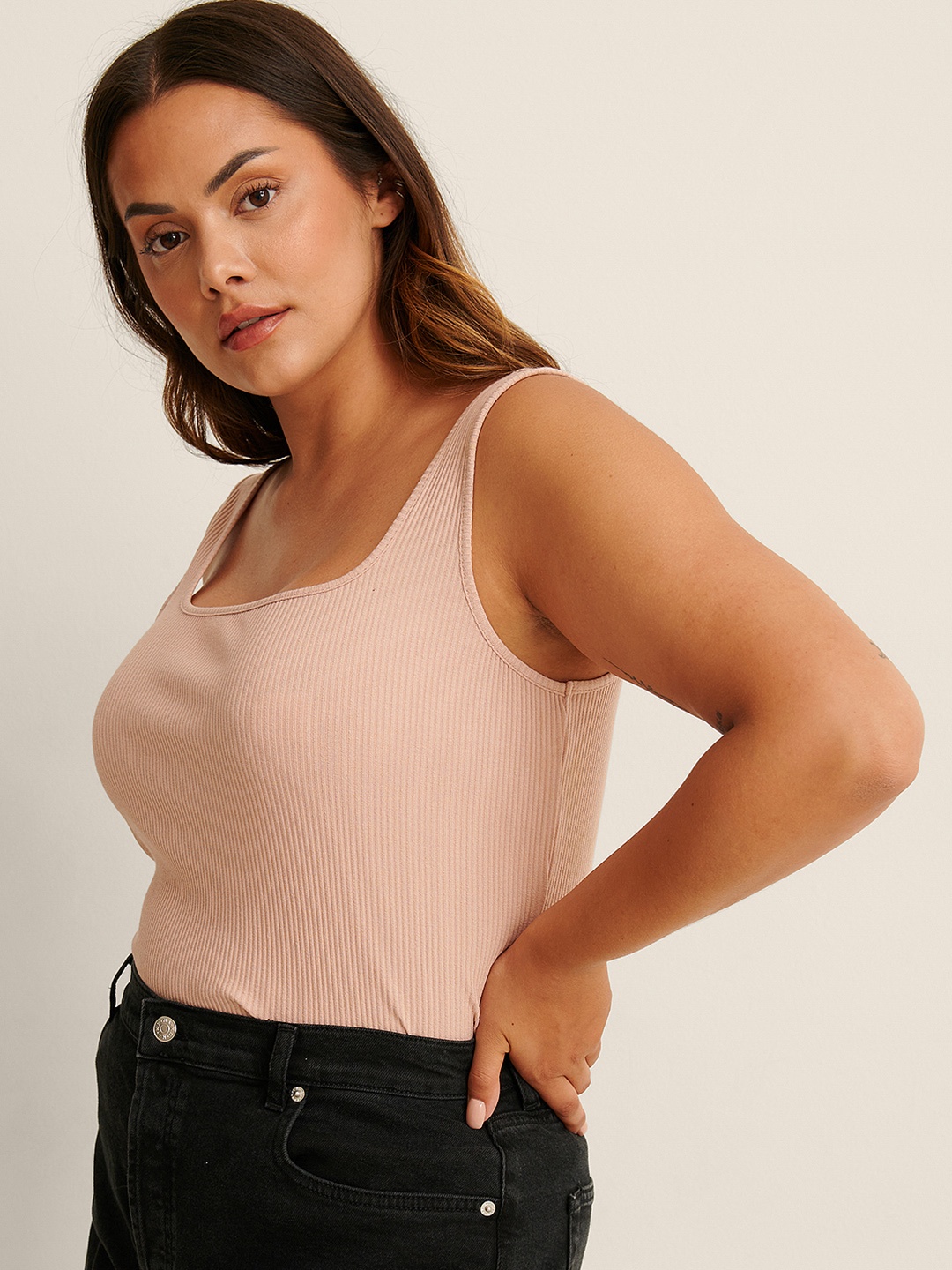 

NA-KD Women Plus Size Dusty Pink Self Striped Top, Rose