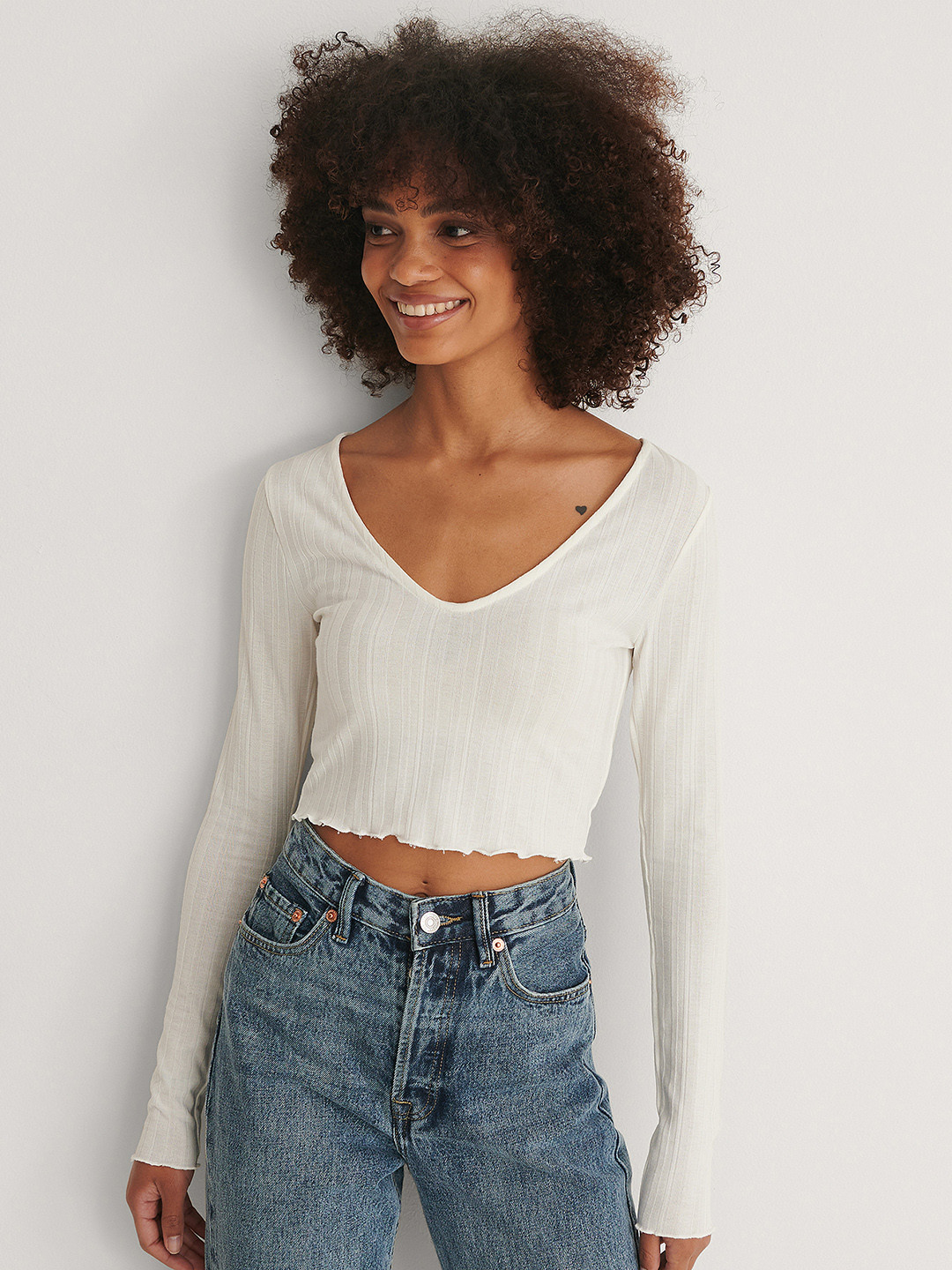 

NA-KD Women White Self Striped Crop Top