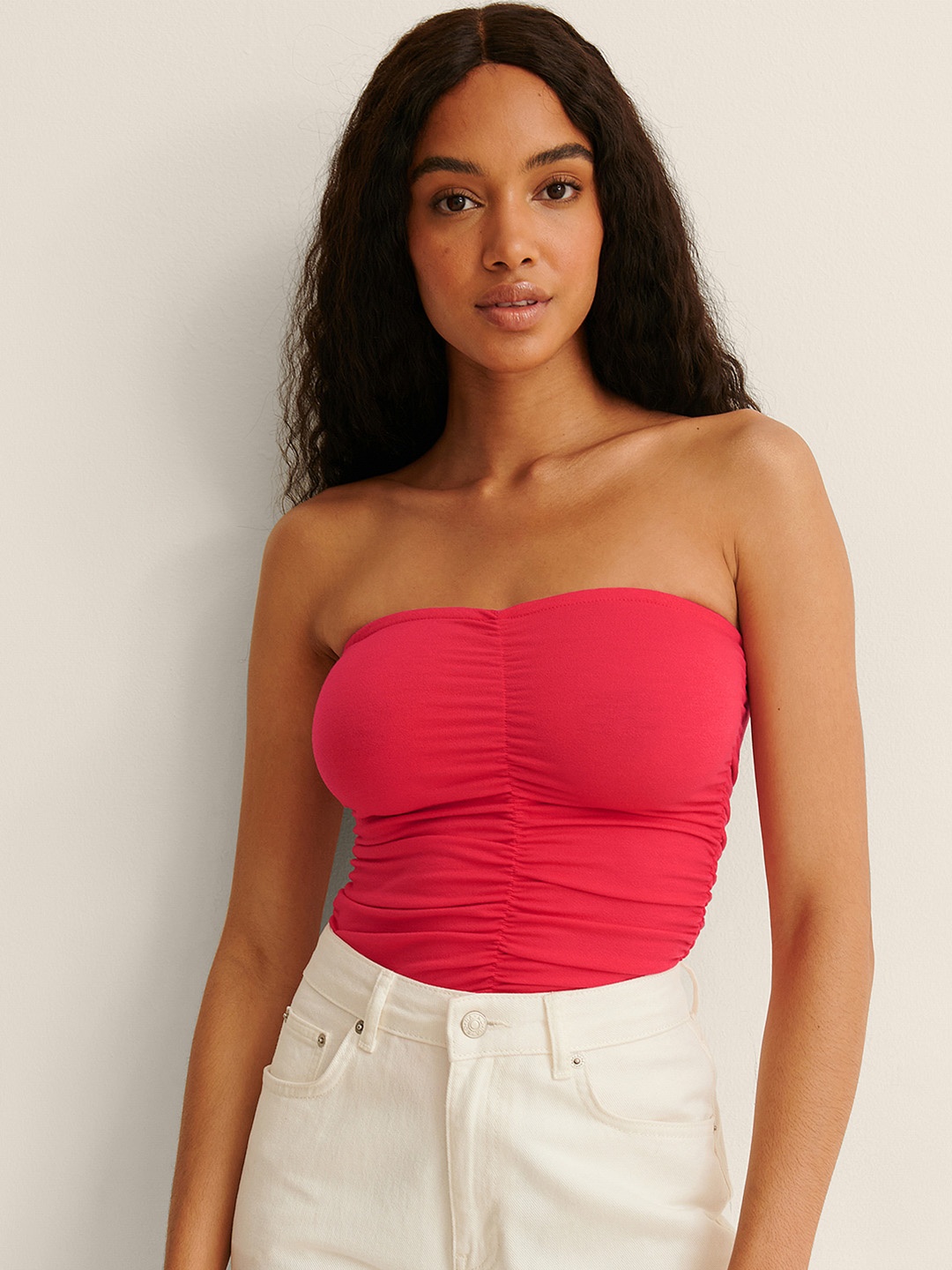 

NA-KD Women Red Solid Off-Shoulder Bardot Top with Ruched Detail