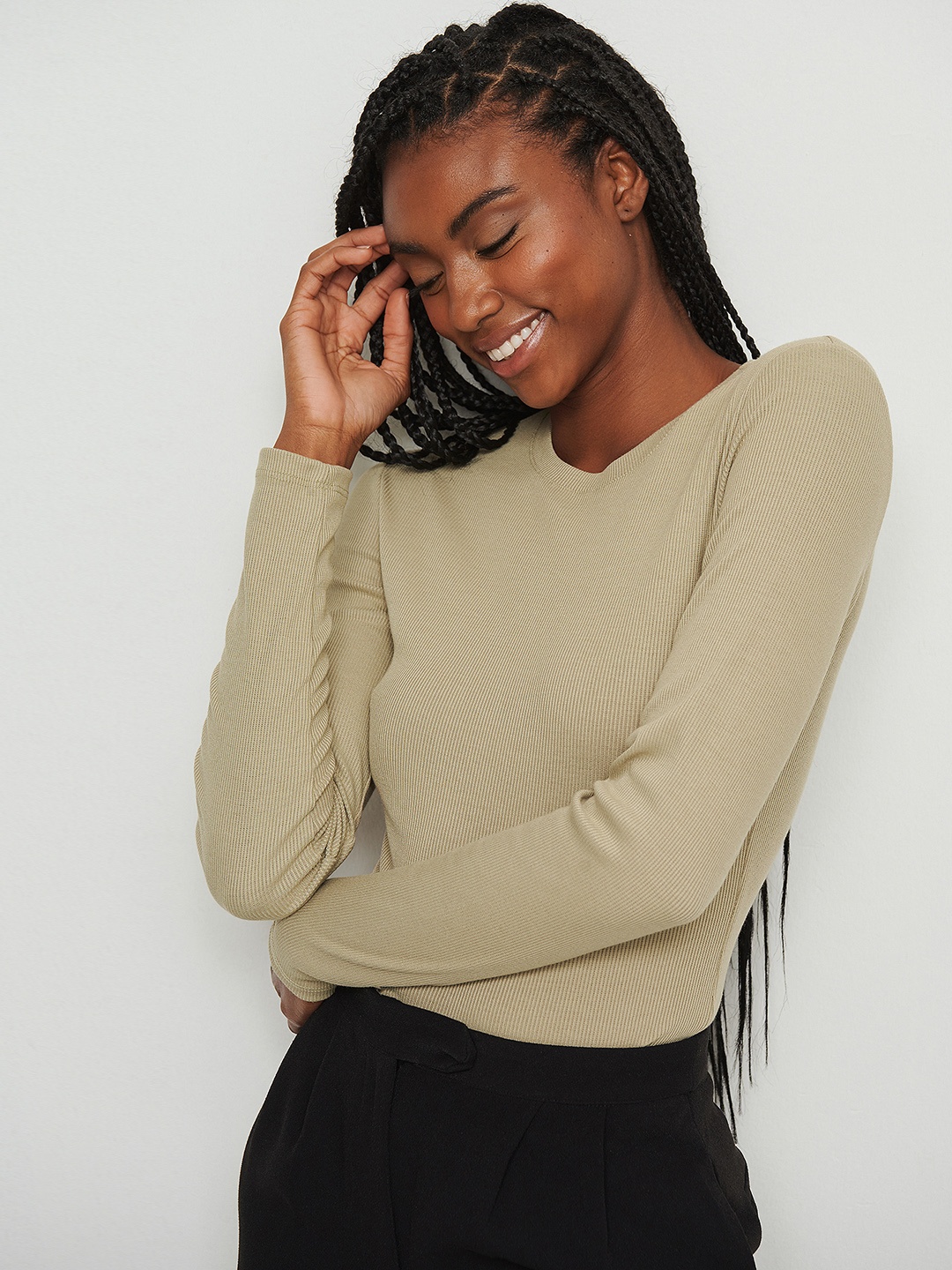 

NA-KD Women Olive Green Self Striped T-shirt