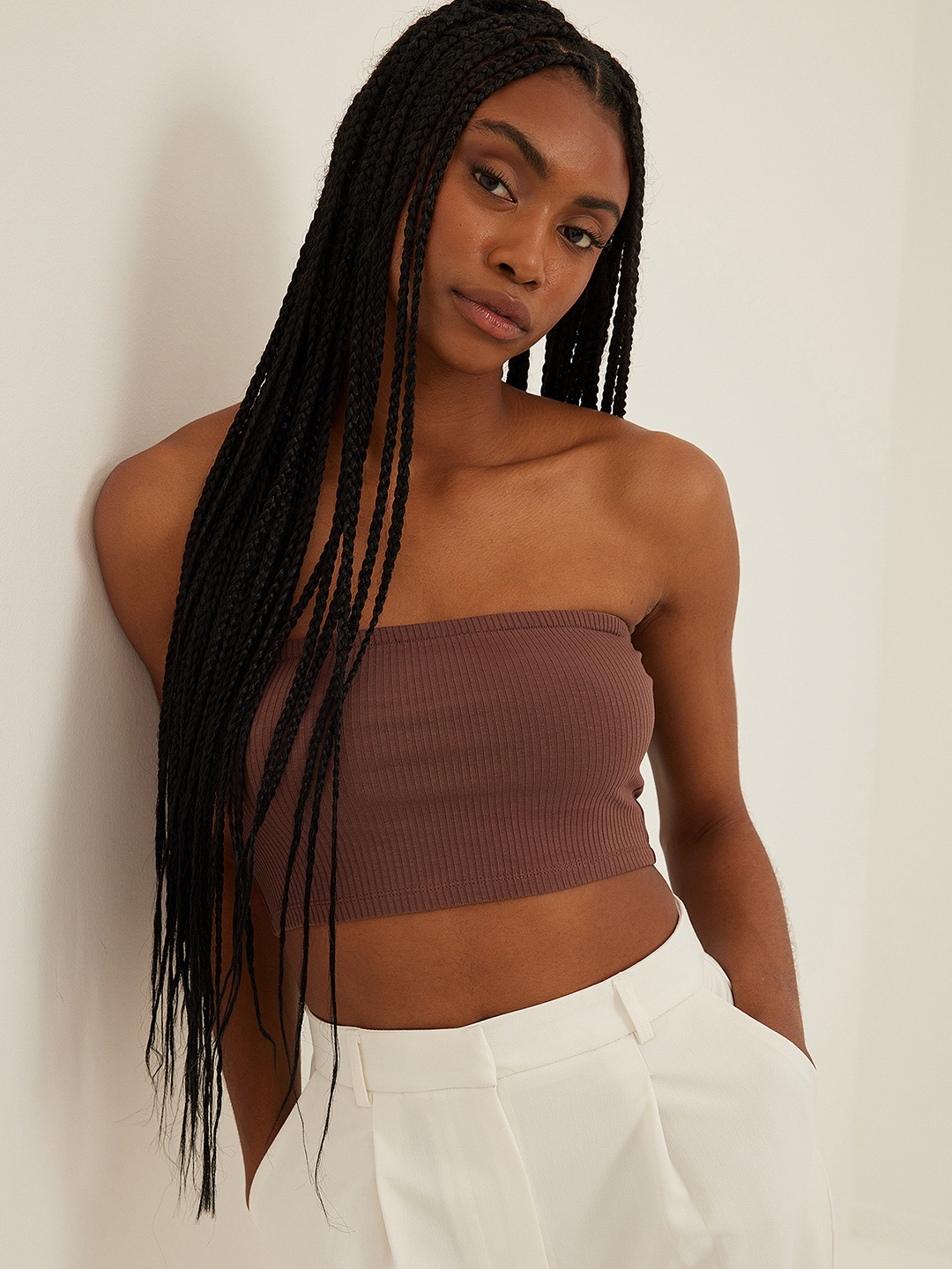 

NA-KD Women Coffee Brown Self Striped Off-Shoulder Bardot Crop Top