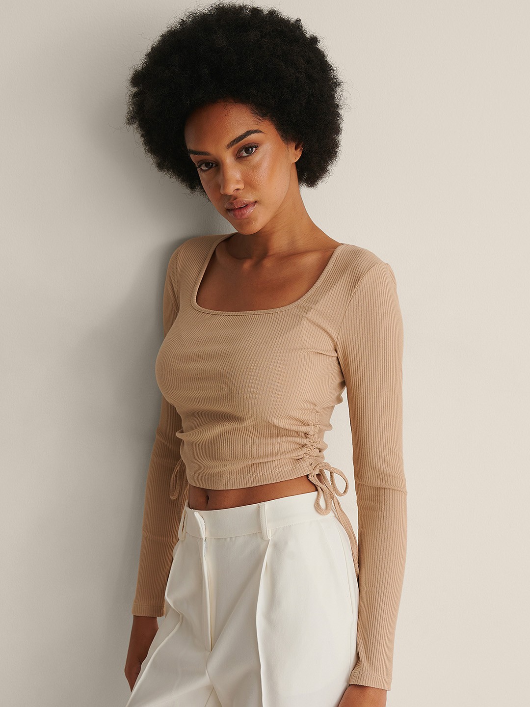 

NA-KD Beige Self Striped Top with Tie-Ups