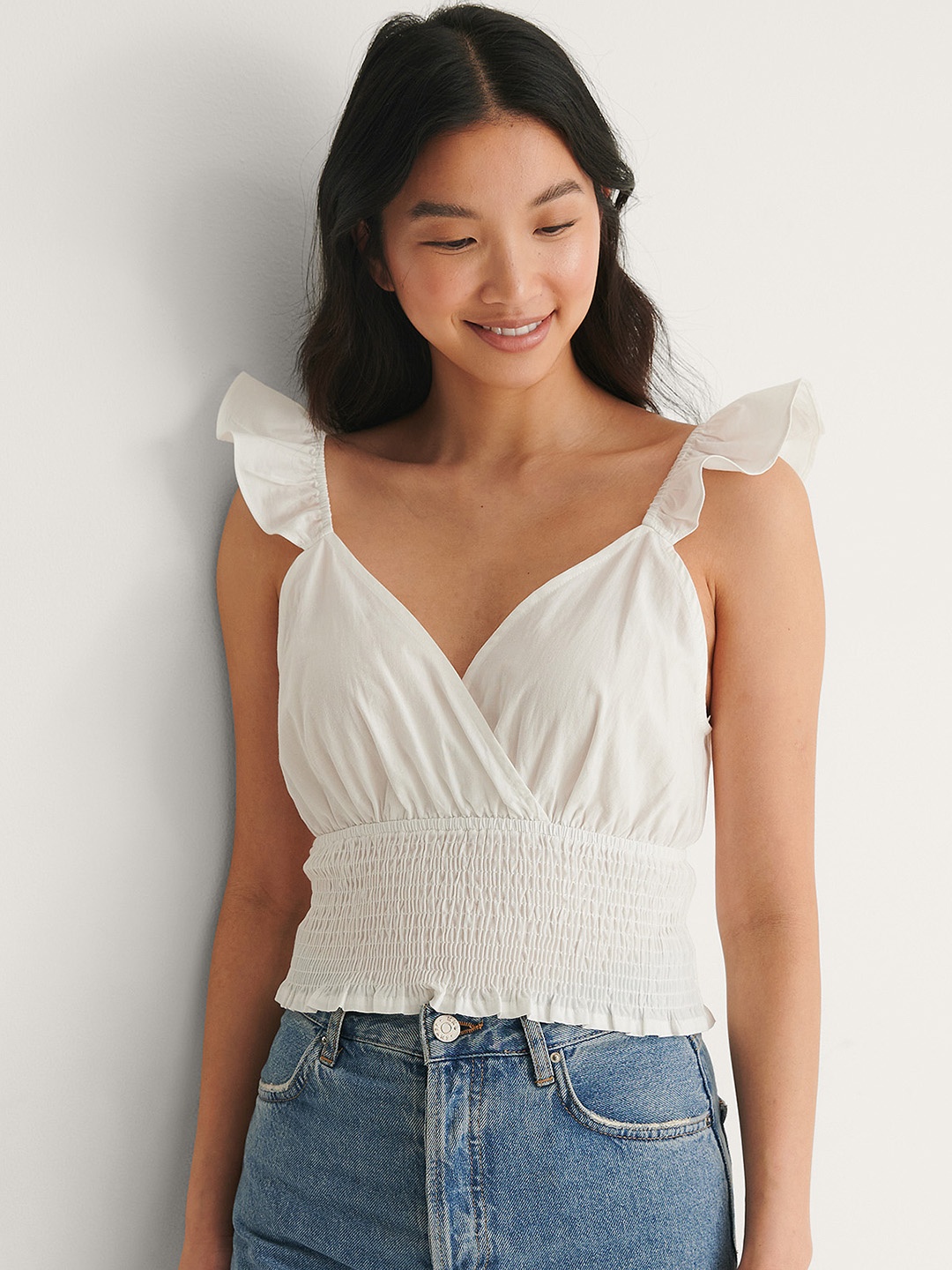 

NA-KD Women White Pure Cotton Solid Wrap Smocked Top