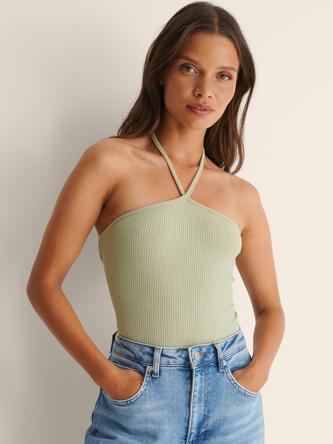 

NA-KD Women Green Halter Neck Ribbed Top
