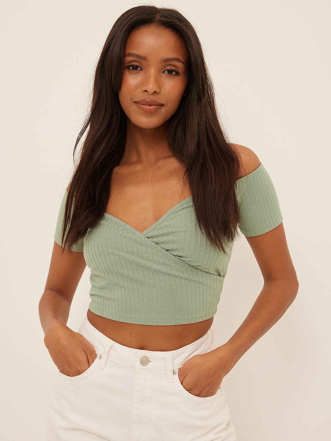 

NA-KD Women Green Ribbed Off-Shoulder Wrap Crop Top