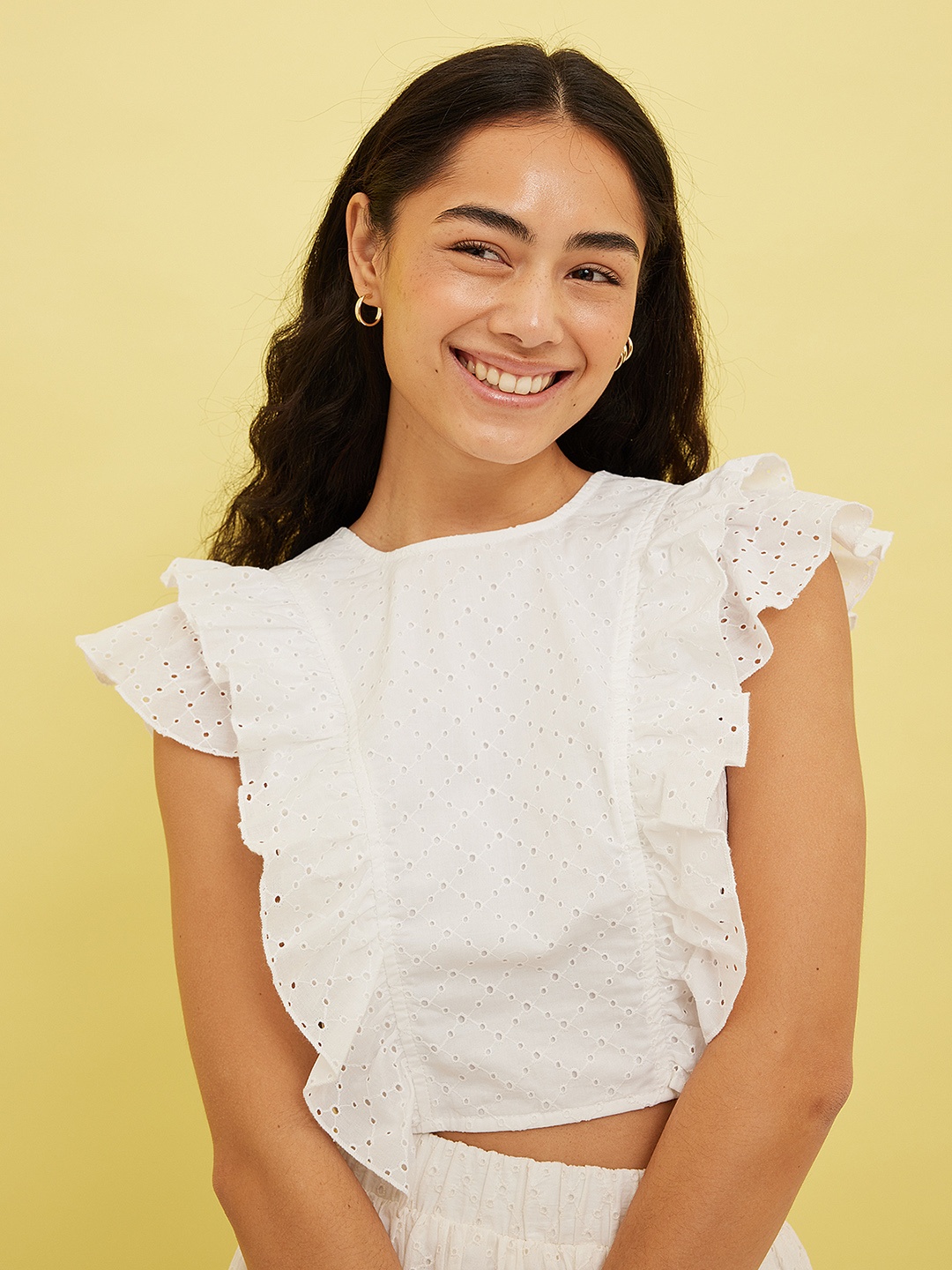 

NA-KD White Ruffles Schiffli Detail Organic Cotton Top