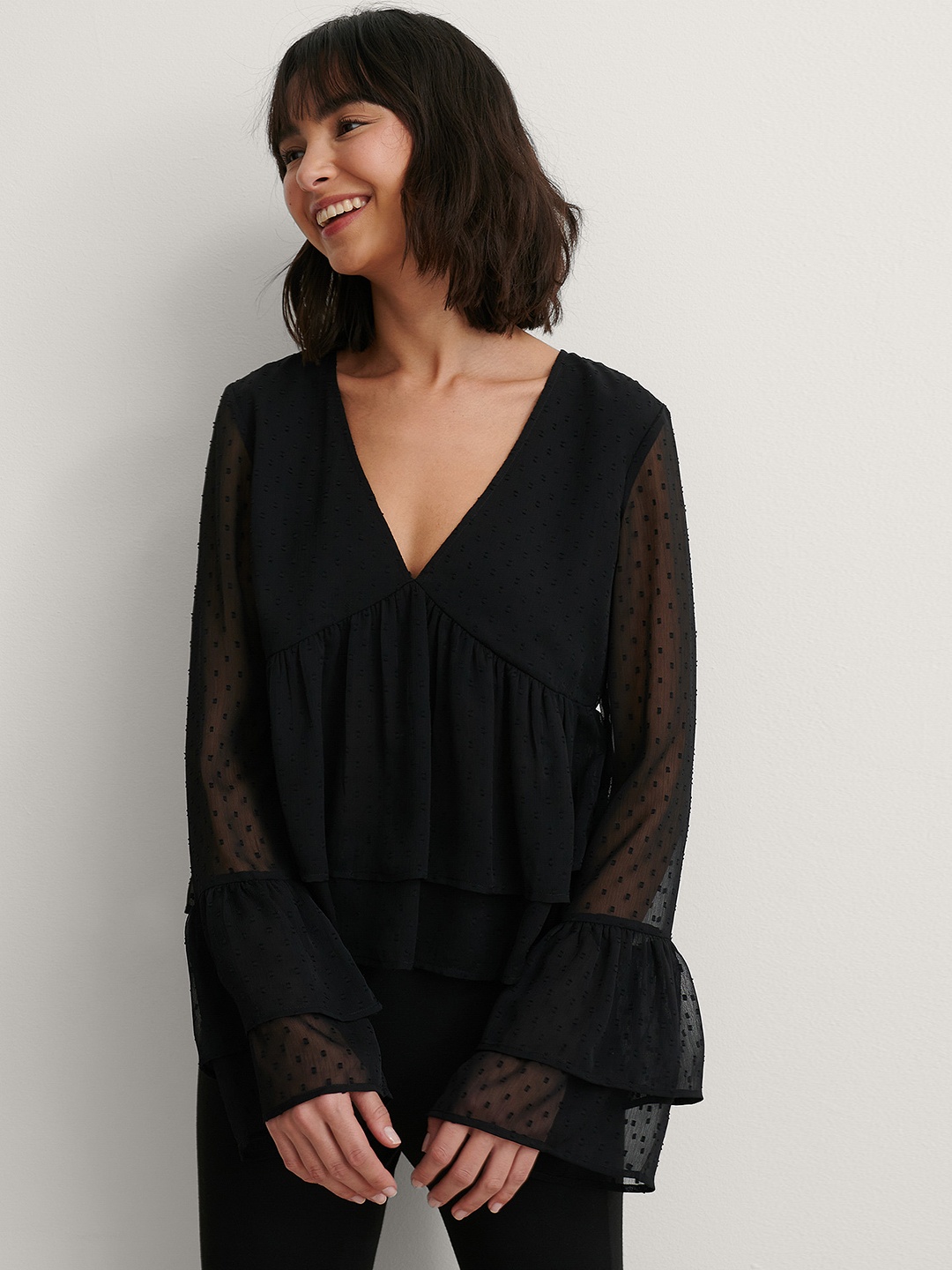 

NA-KD Black Self Design Ruffles Top