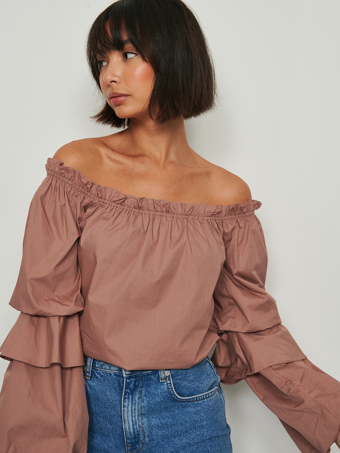 

NA-KD Dusty Pink Solid Pure Cotton Off-Shoulder Top, Rose