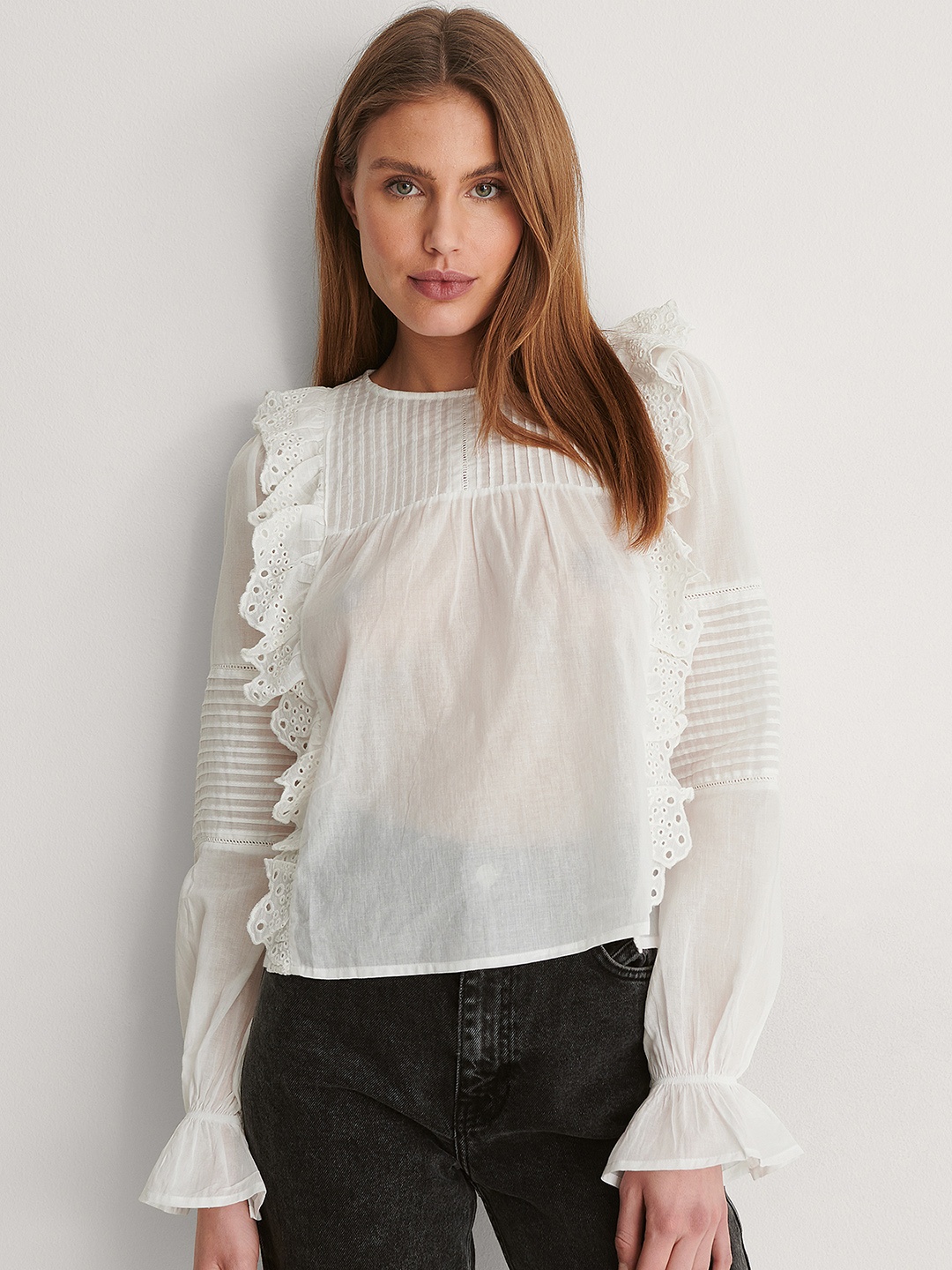 

NA-KD White Bishop Sleeves Cotton Ruffles Blouson Top