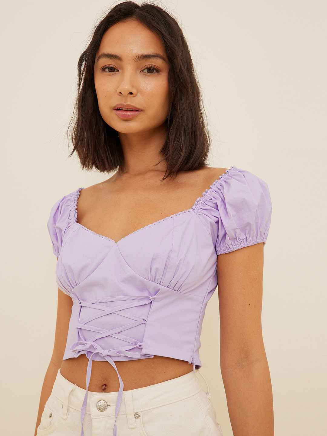 

NA-KD Lavender Solid Lace-Up Sweetheart Neck Empire Top