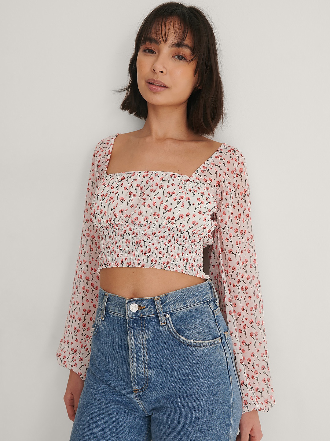 

NA-KD Off White & Red Floral Print Cinched Waist Top