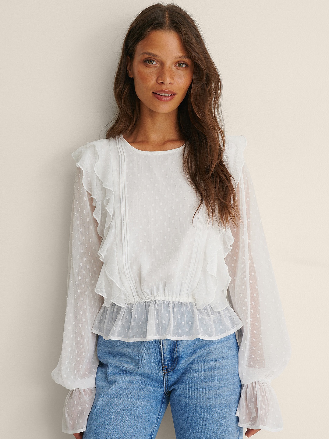 

NA-KD White Dobby Weave Ruffled Top