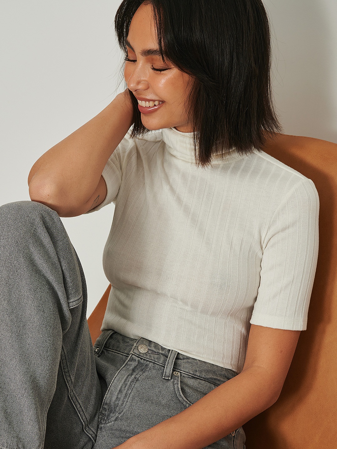 

NA-KD White Self-Striped High-Neck Top