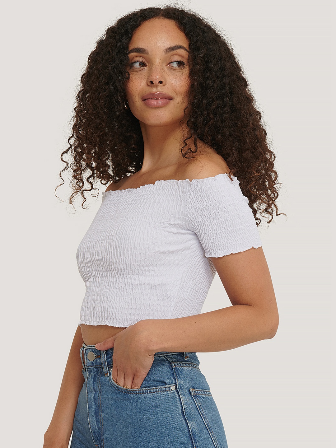

NA-KD White Off-Shoulder Smocked Bardot Crop Top