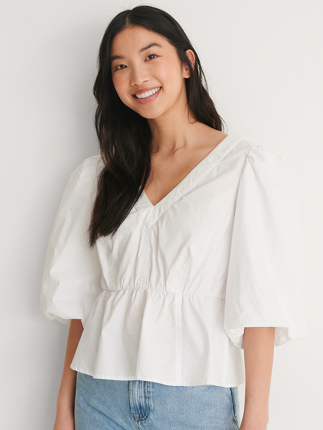 

NA-KD Women White Solid Pure Cotton Peplum Top