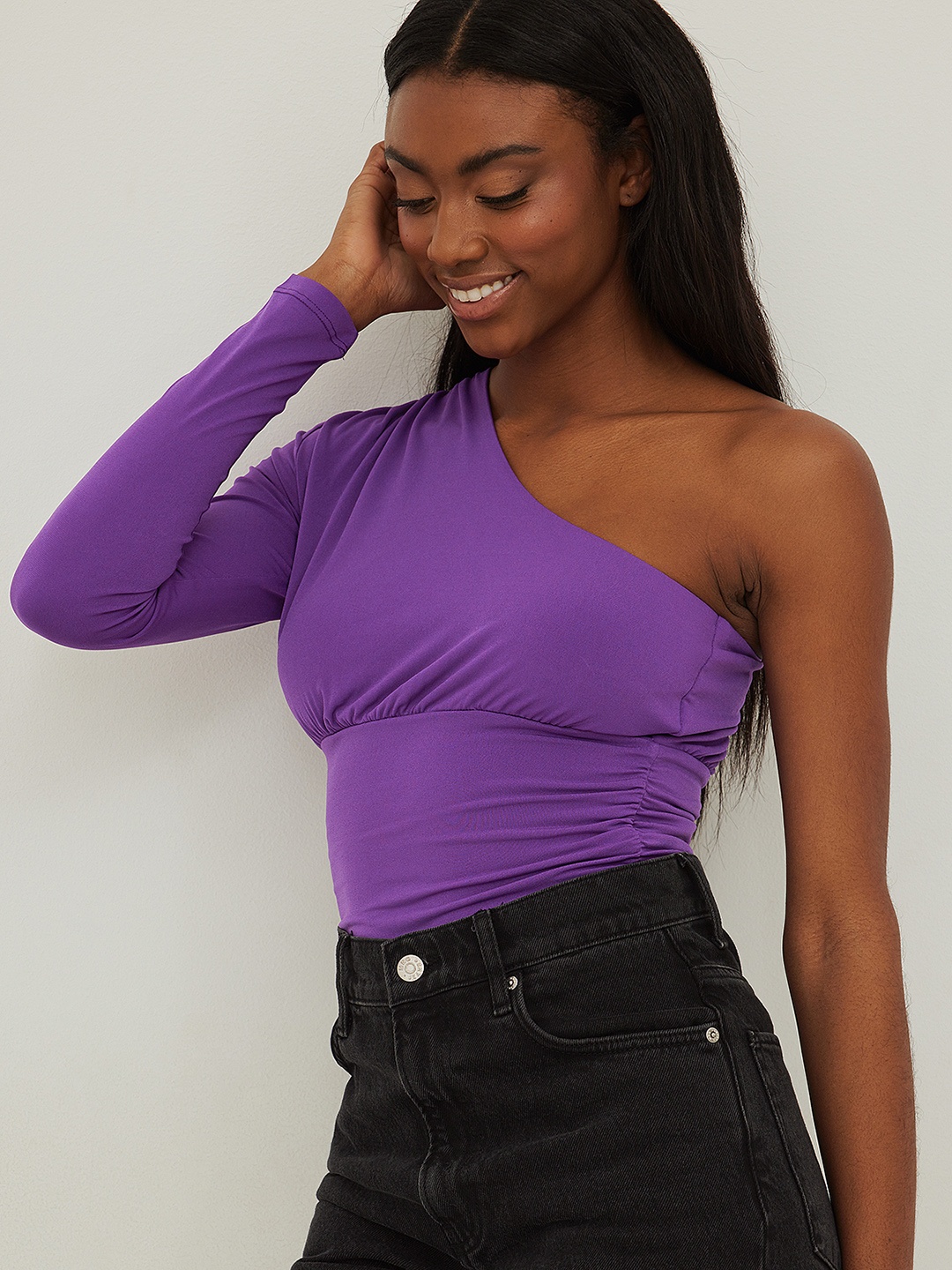 

NA-KD Women Purple Solid One Shoulder Regular Top