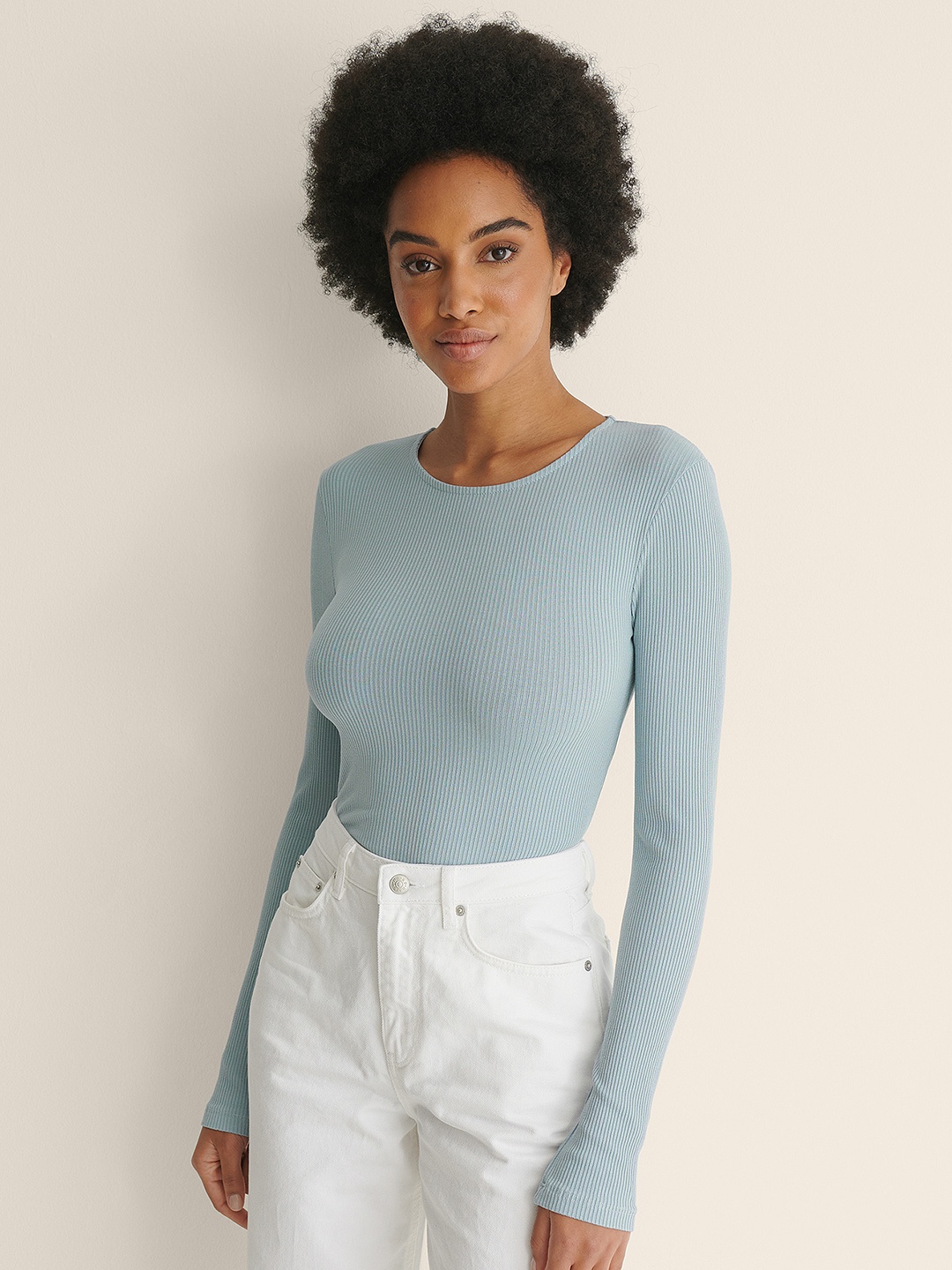 

NA-KD Women Blue Solid Ribbed Regular Top