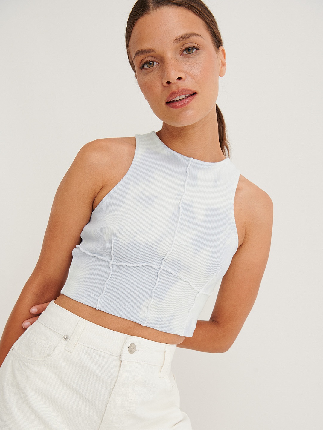

NA-KD Women Blue Printed Cotton Crop Top